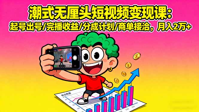 潮式无厘头短视频变现课：起号出号/完播收益/分成计划/商单接洽，月入2万+-翻身站