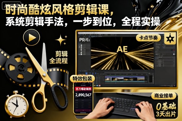 时尚酷炫风格剪辑课,系统剪辑手法,一步到位,全程实操-翻身站