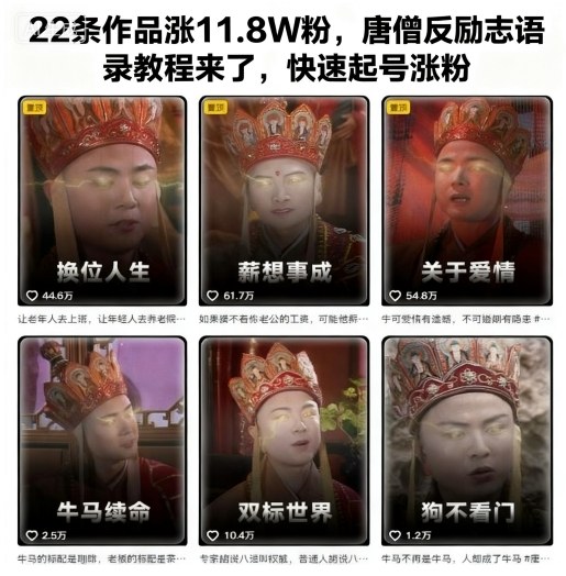 22条作品涨11.8W粉,唐僧反励志语录教程来了,快速起号涨粉-翻身站