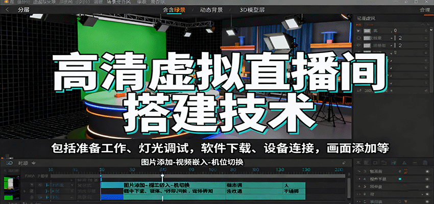 高清虚拟直播间搭建技术，包括准备工作、灯光调试，软件下载、设备连接，画面添加等-翻身站
