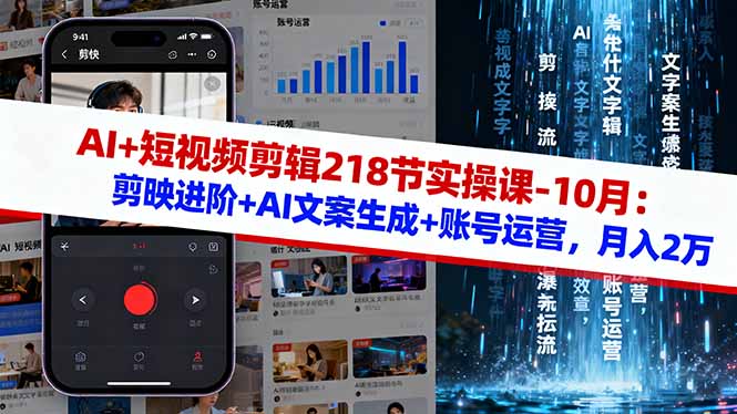 AI+短视频剪辑218节实操课-10月：剪映进阶+AI文案生成+账号运营，月入2万-翻身站