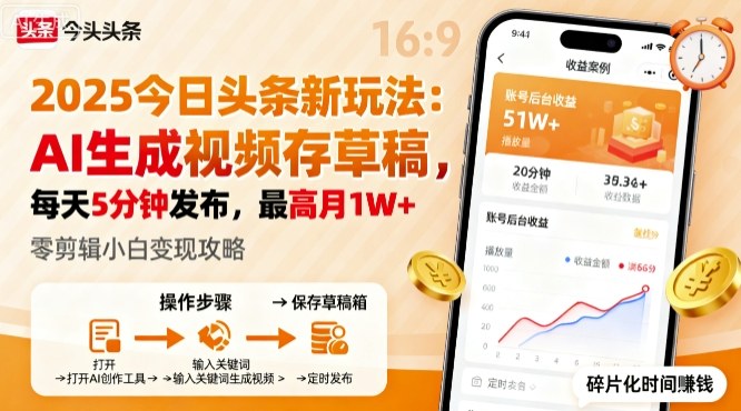2025年今日头条躺賺新玩法，AI生成视频存草稿，每天5分钟发布，最高月1W+【揭秘】-翻身站