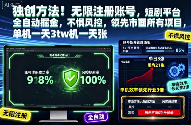 独创方法!无限注册账号,短剧平台全自动掘金,不惧风控,领先市面所有项目,单机一天3张【揭秘】-翻身站