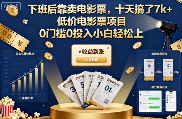 下班后靠卖电影票,十天搞了7k+,低价电影票项目,0门槛0投入小白轻松上手【揭秘】-翻身站