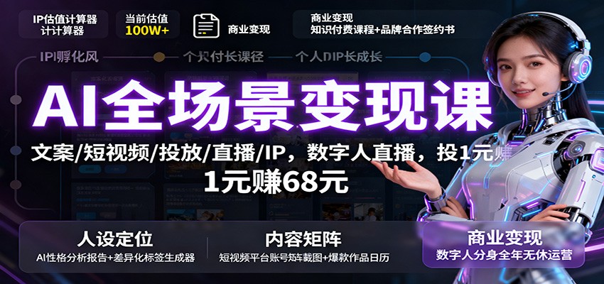 AI全场景变现课：文案/短视频/投放/直播/IP，数字人直播，投1元赚68元-翻身站
