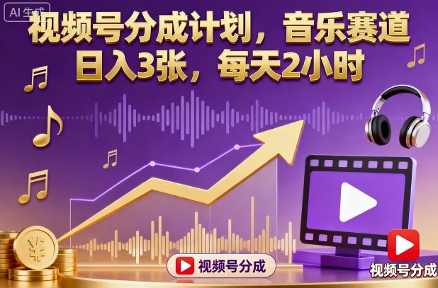 视频号分成计划，音乐赛道，日入3张，每天2小时-翻身站