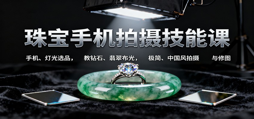 珠宝手机拍摄技能课:手机、 灯光选品,教钻石、翡翠布光,极简、中国风拍摄与修图-翻身站
