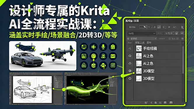 设计师专属的Krita AI全流程实战课：涵盖实时手绘/场景融合/2D转3D/等等-翻身站