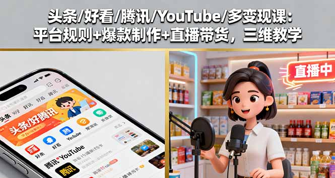 头条/好看/腾讯/YouTube/多变现课：平台规则+爆款制作+直播带货，三维教学-翻身站