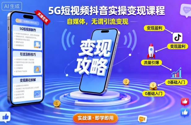 5G短视频抖音实操变现课程，自媒体，无谓引流变现-翻身站