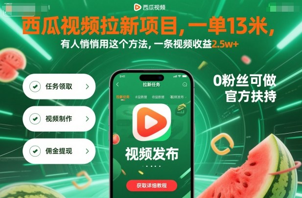 西瓜视频拉新项目，一单13米，有人悄悄用这个方法，一条视频收益2.5w+(附详细教程)-翻身站