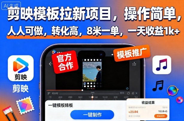剪映模板拉新项目，操作简单，人人可做，转化高，8米一单，一天收益1k+-翻身站