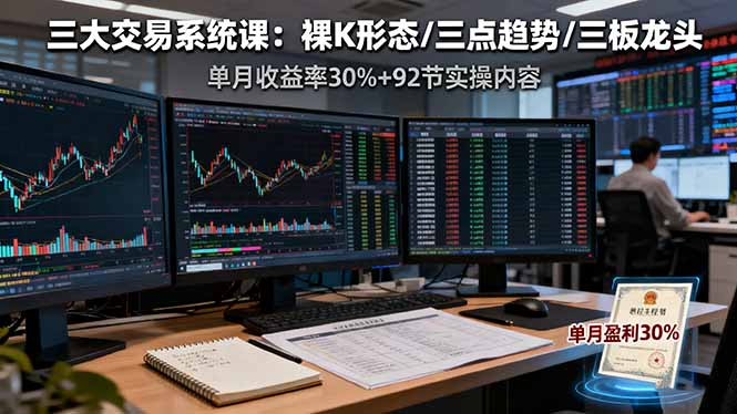 三大交易系统课：裸K形态/三点趋势/三板体系，单月收益率30%+92节实操内容-翻身站