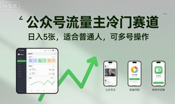公众号流量主冷门赛道，日入5张，适合普通人，可多号操作-翻身站