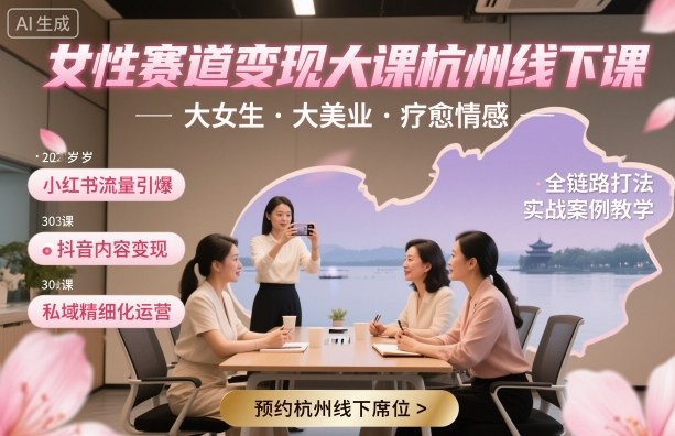女性赛道变现大课杭州线下，大女生，大美业，疗愈情感，一套小红书、抖音、私域全链路打法-翻身站