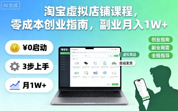 淘宝虚拟店铺课程,零成本创业指南,副业月入1W+-翻身站
