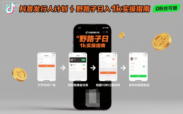 抖音发行人计划全新野路子玩法，随时随地，只要有手机，就能操作，日入1k+【揭秘】-翻身站