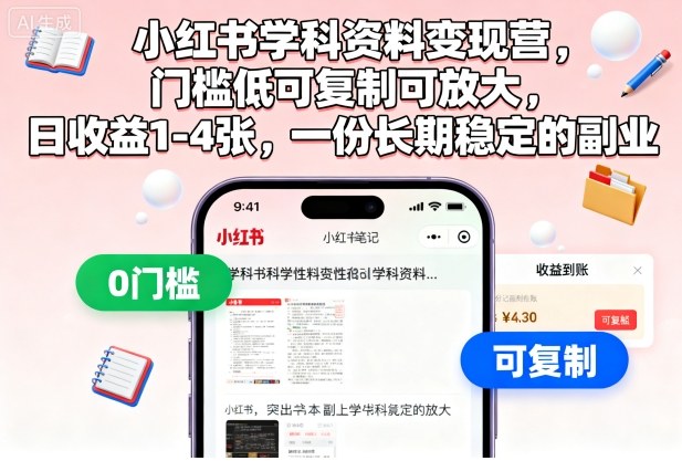 小红书学科资料变现营，门槛低可复制可放大，日收益1-4张，一份长期稳定的副业-翻身站