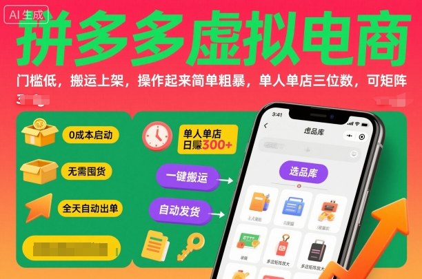 拼多多虚拟电商，门槛低，搬运上架，操作起来简单粗暴，单人单店三位数，可矩阵-翻身站