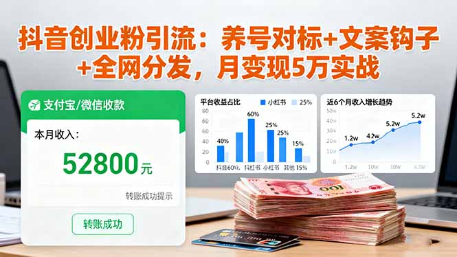 抖音创业粉引流：养号对标+文案钩子+全网分发，月变现5万实战-翻身站