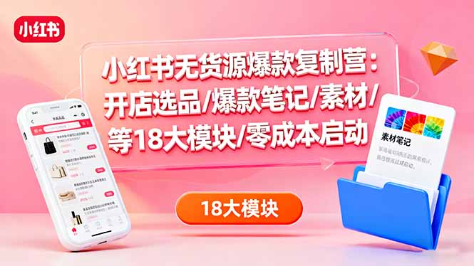 小红书无货源爆款复制营：开店选品/爆款笔记/素材/等18大模块/零成本启动-翻身站