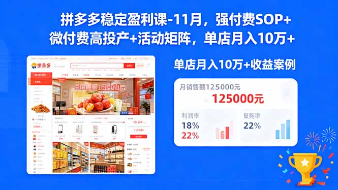 拼多多稳定盈利课-11月，强付费SOP+微付费高投产+活动矩阵，单店月入10w+-翻身站