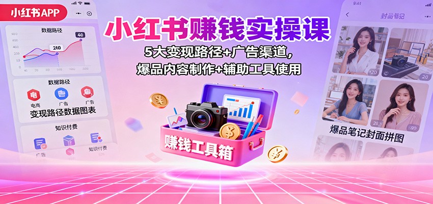 小红书赚钱实操课：5大变现路径+广告渠道，爆品内容制作+辅助工具使用-翻身站