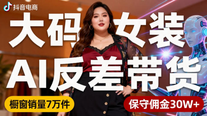 抖音小众赛道，大码女装AI反差带货，不用直播，每天6条作品，橱窗卖7万件，保守佣金30W+-翻身站