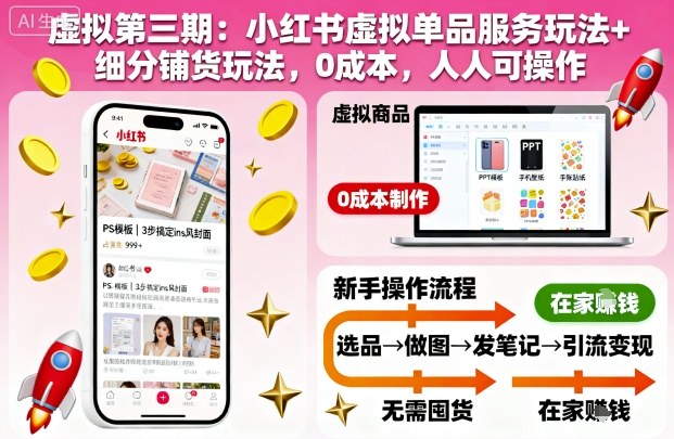 虚拟第三期：小红书虚拟单品服务玩法+细分铺货玩法，0成本，人人可操作(更新)-翻身站
