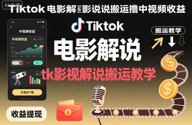 Tiktok电影解说搬运撸中视频收益，tk影视解说搬运教学-翻身站
