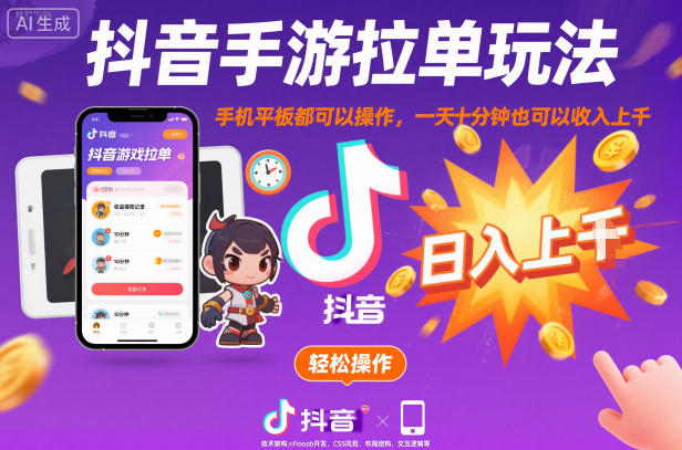 抖音手游拉单玩法，手机平板都可以操作，一天十分钟也可以收入上K【揭秘】-翻身站