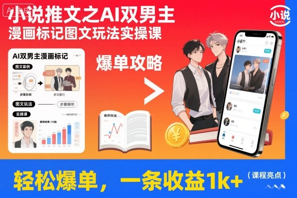 小说推文之AI双男主漫画标记图文玩法实操课，轻松爆单，一条收益1k+-翻身站
