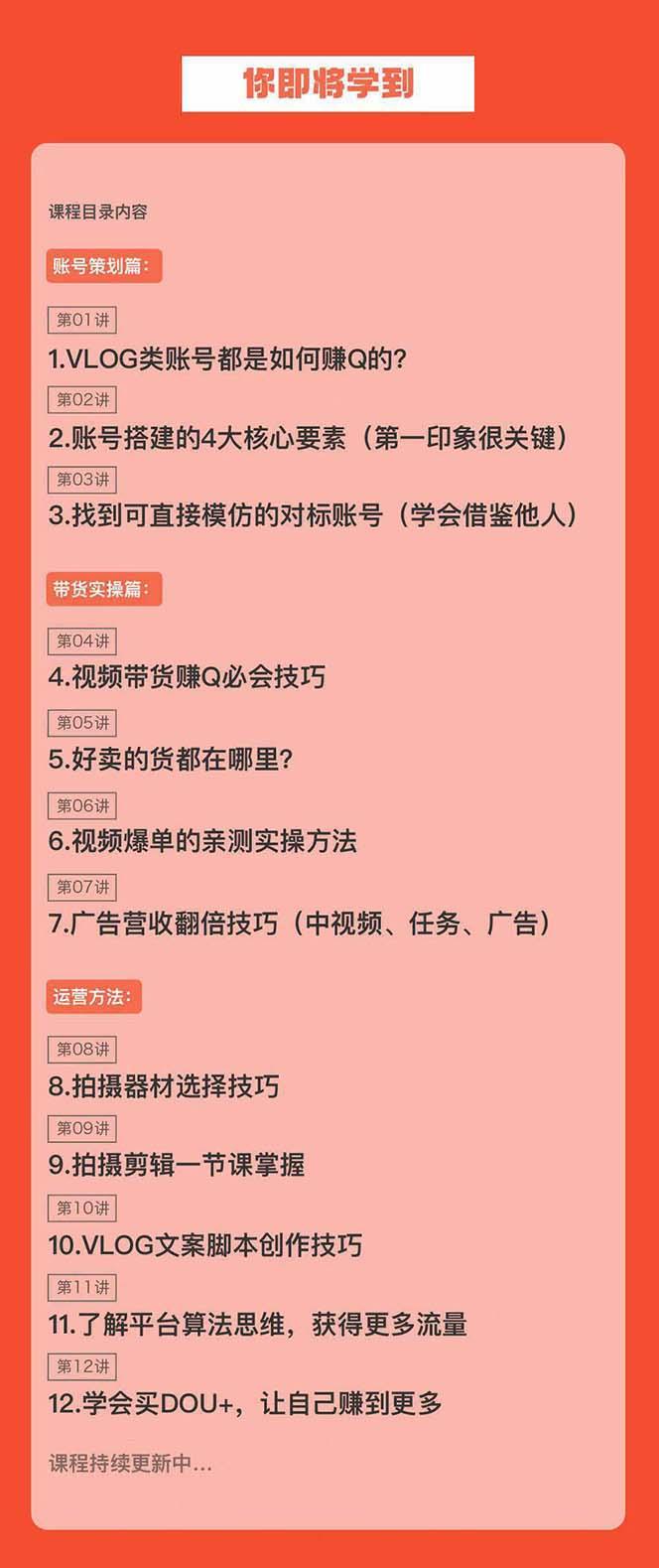 新手VLOG短视频特训营：学会带货、好物、直播、中视频、赚Q方法(16节课)-翻身站