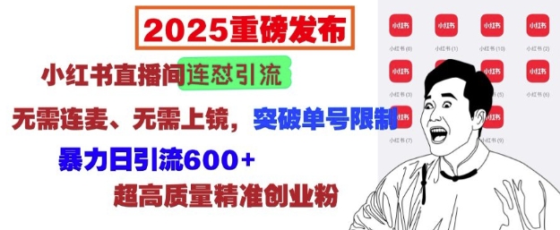 2025重磅发布：小红书直播间连怼引流，无需连麦、无需上镜，突破单号限制，暴力日引流600+-翻身站