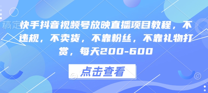 快手抖音视频号放映直播项目教程，不违规，不卖货，不靠粉丝，不靠礼物打赏，每天200-600-翻身站