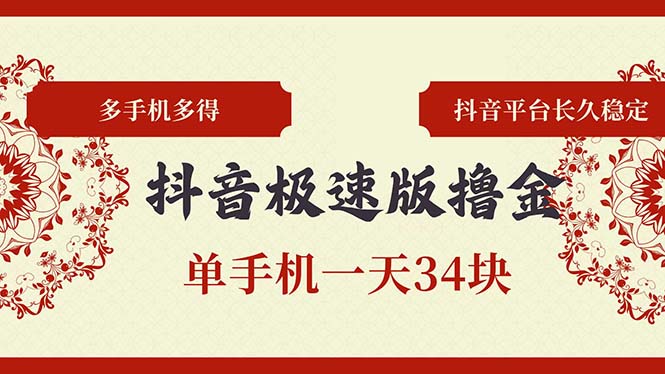 抖音极速版撸金 单手机一天34块 多手机多得 抖音平台长期稳定-翻身站