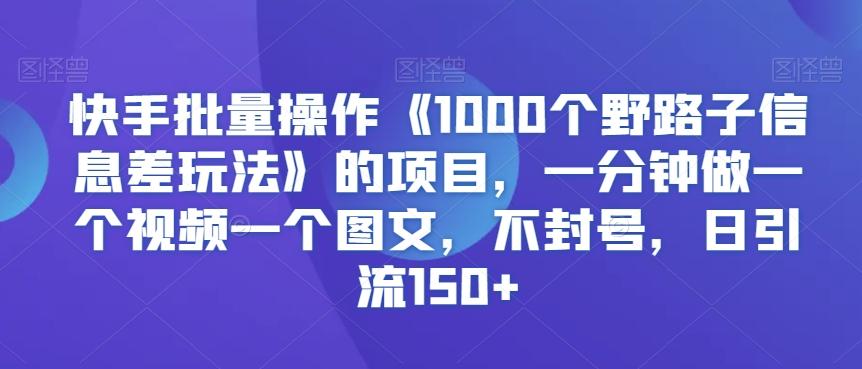 快手批量操作《1000个野路子信息差玩法》的项目，一分钟做一个视频一个图文，不封号，日引流150+【揭秘】-翻身站