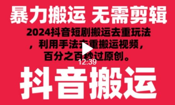 2024最新抖音搬运技术，抖音短剧视频去重，手法搬运，利用工具去重，达到秒过原创的效果【揭秘】-翻身站