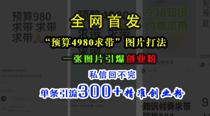 小红书“预算4980带我飞”图片打法，一张图片引爆创业粉，私信回不完，单条引流300+精准创业粉-翻身站