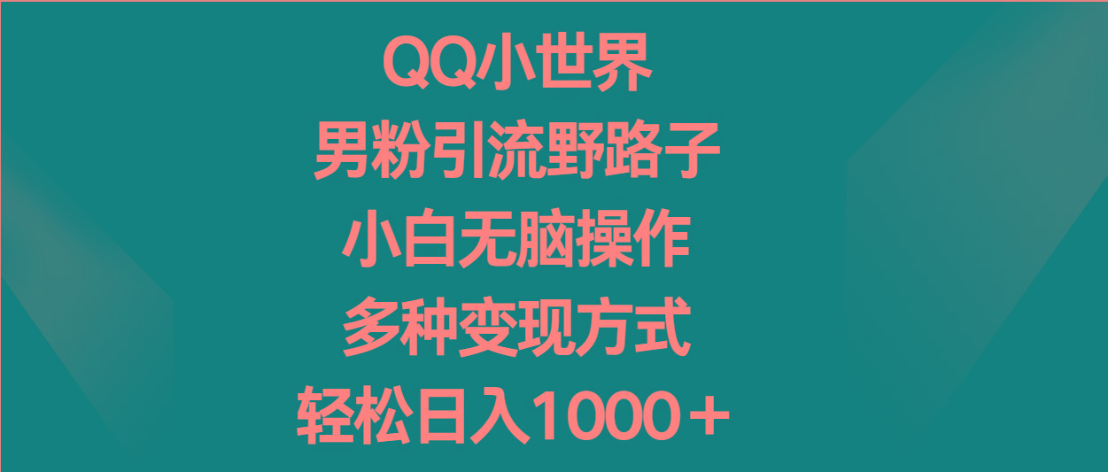 QQ小世界男粉引流野路子，小白无脑操作，多种变现方式轻松日入1000＋-翻身站