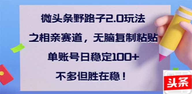 微头条野路子2.0玩法之相亲赛道，无脑搬砖复制粘贴，单账号日稳定300+…-翻身站
