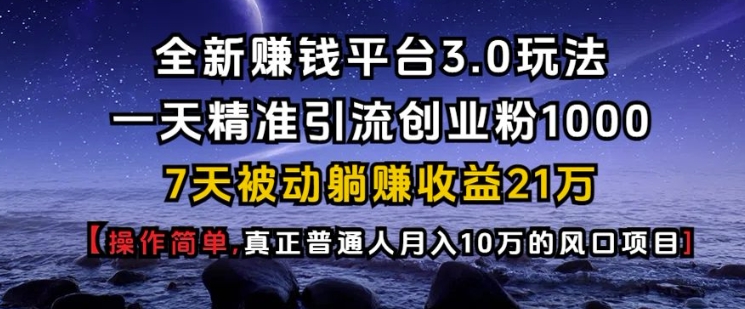 全新赚钱平台3.0玩法一天精准引流创业粉1000.7天被动躺Z收益21W【仅揭秘】-翻身站