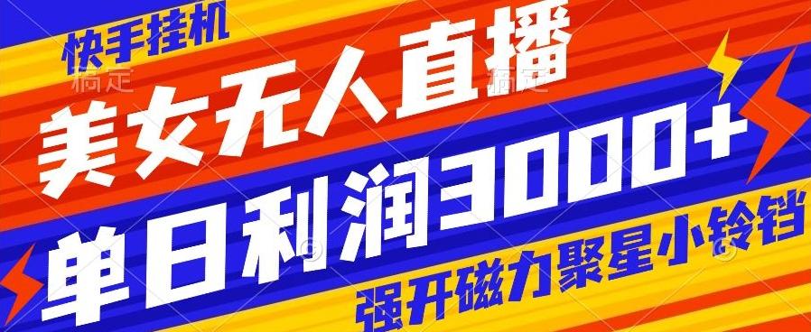 快手挂机，美女无人直播，强开磁力聚星小铃铛，日入3000+-翻身站