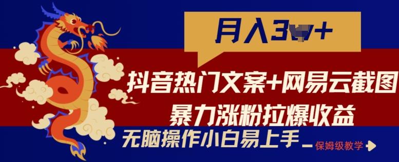 抖音热门文案+网易云截图暴力涨粉拉爆收益玩法，小白无脑操作，简单易上手【揭秘】-翻身站