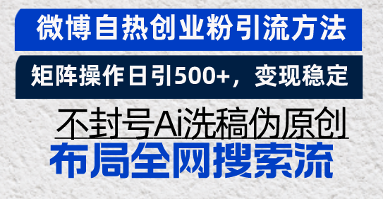 微博自热创业粉引流方法，矩阵操作日引500+，变现稳定，不封号Ai洗稿伪…-翻身站