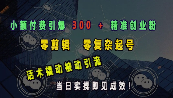 小额付费引爆 300 + 精准创业粉，零剪辑、零复杂起号，话术撬动被动引流，当日实操即见成效-翻身站