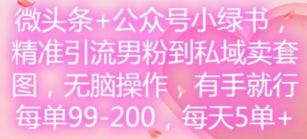 微头条+公众号小绿书，精准引流男粉到私域卖套图，无脑操作，有手就行，每单99-200，每天5单-翻身站