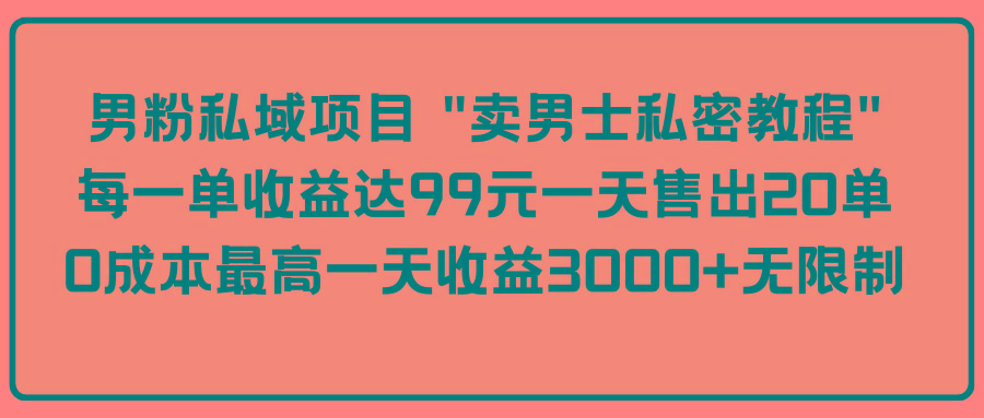 (9730期)男粉私域项目 “卖男士私密教程” 每一单收益达99元一天售出20单-翻身站